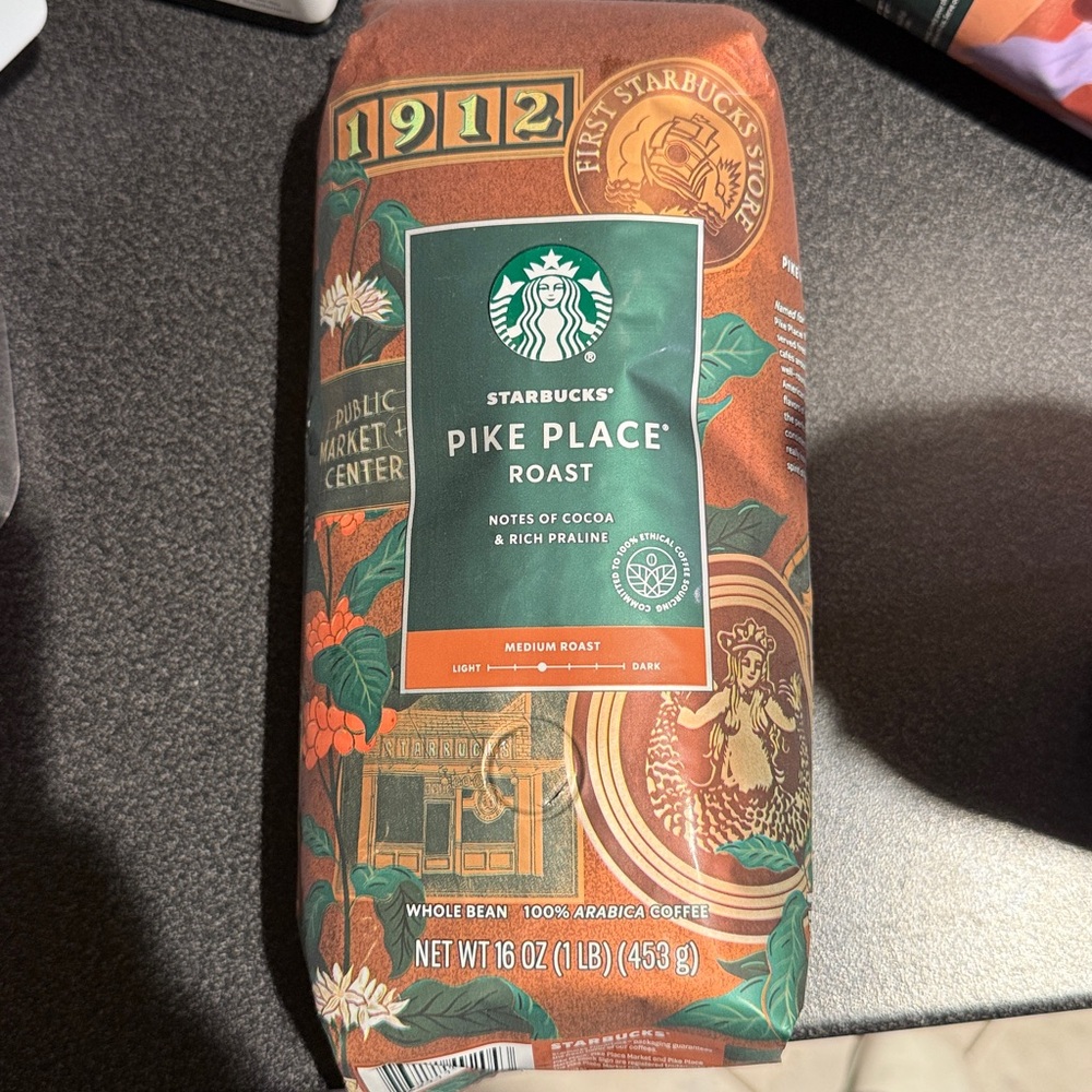 Starbucks Pike Place Roast Coffee with Green and Brown Packaging